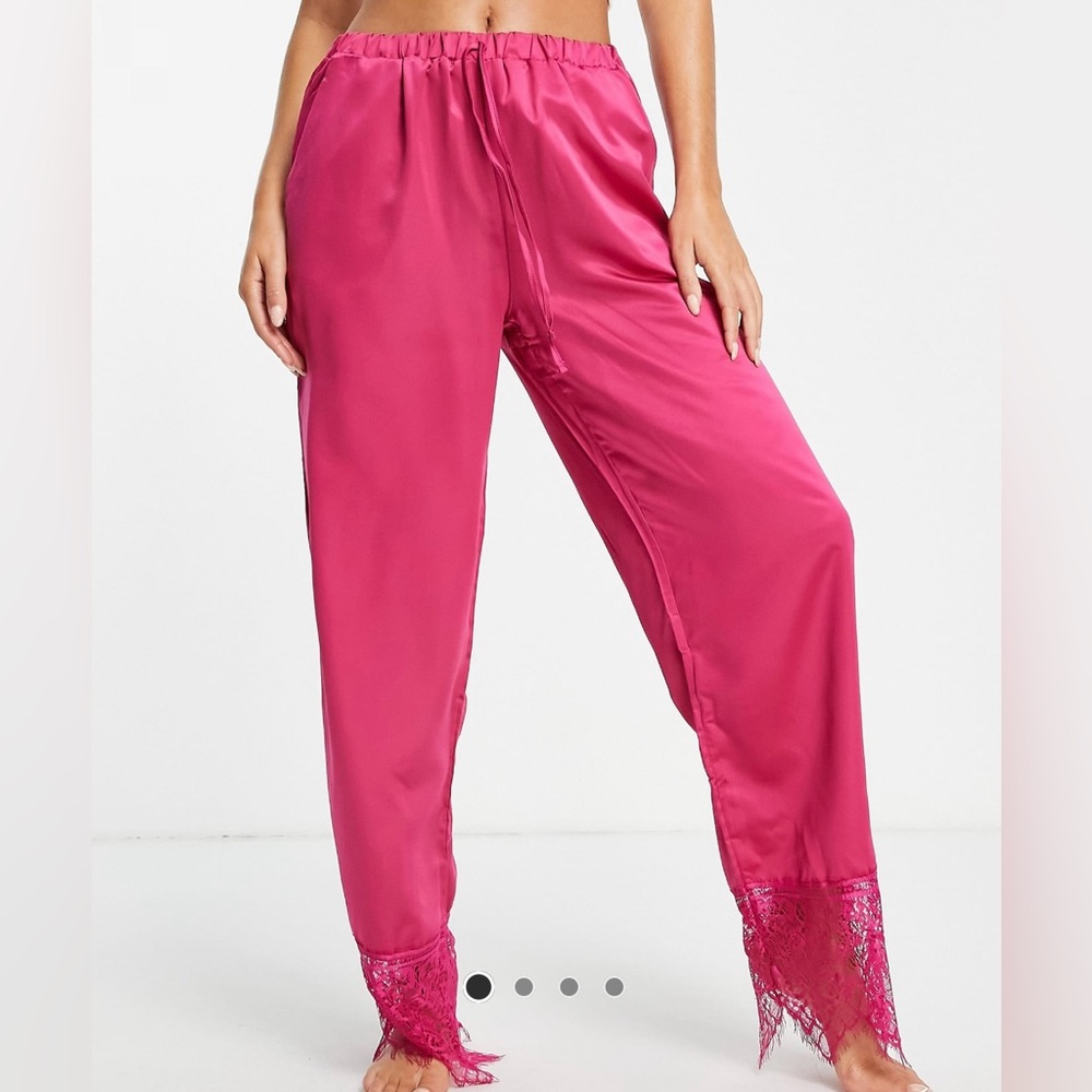 Women's Pink Satin Pajama Pants with Lace Trim